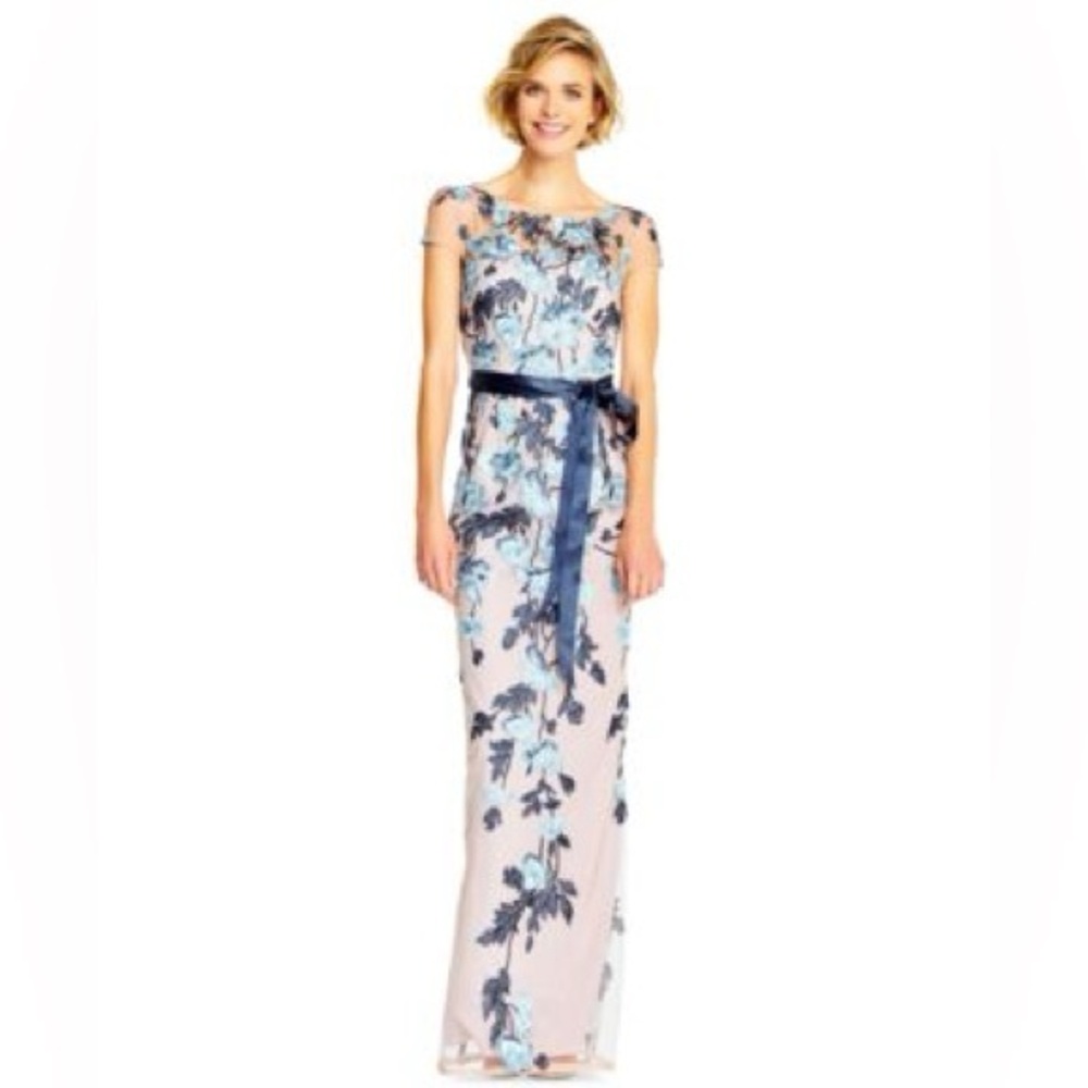Adrianna Papell Blush and Navy Floral Embroidered Evening Gown
